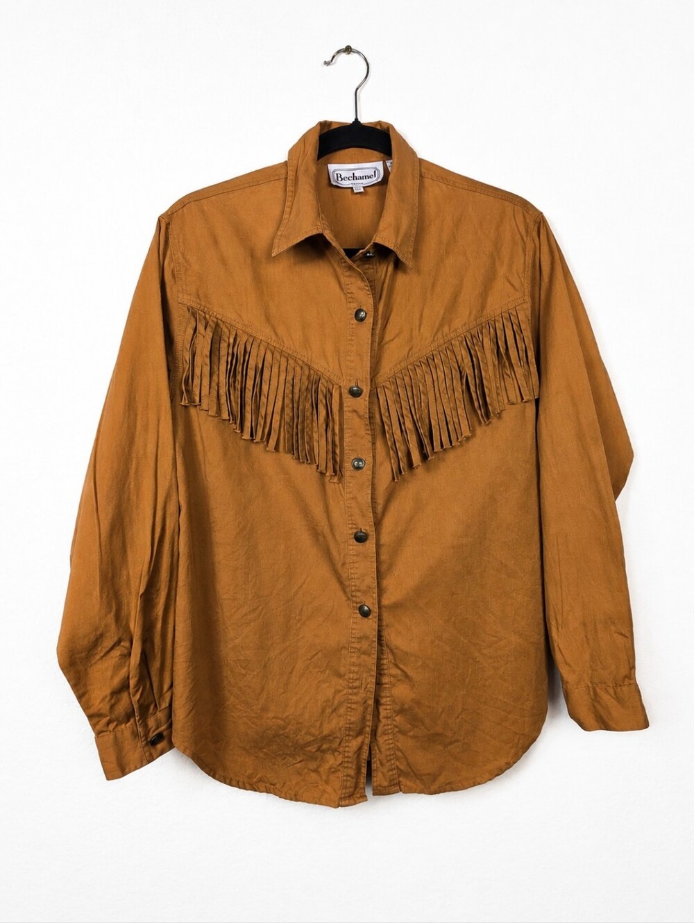 Vintage 90s Western Fringe Button Up Shirt Brown Cotton Cowboy Ranchwear Small